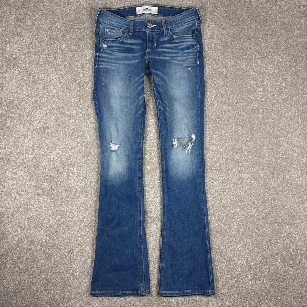 Hollister Women 5R W27 L33 Distressed Bootcut Jeans Medium Wash Blue Low Rise